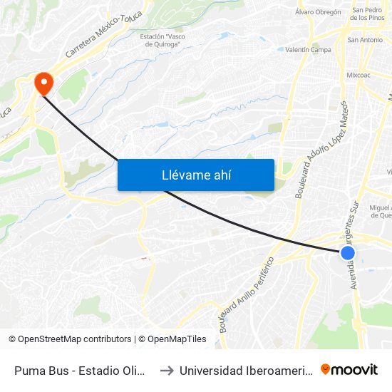 Puma Bus - Estadio Olimpico to Universidad Iberoamericana map