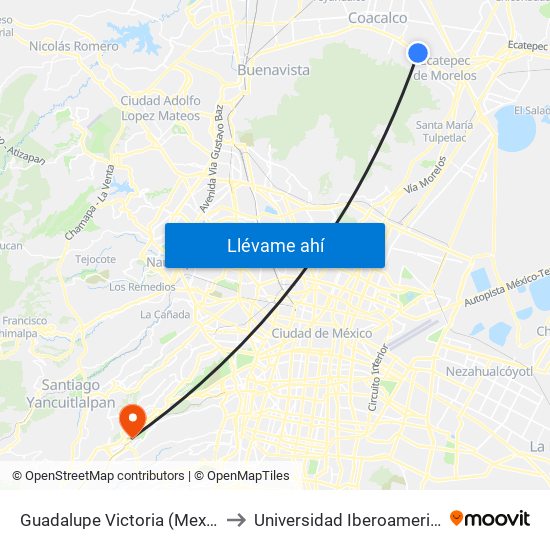 Guadalupe Victoria (Mexibús) to Universidad Iberoamericana map