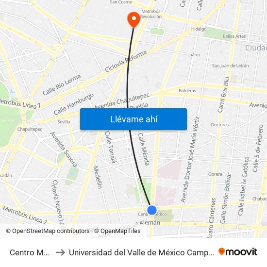 Centro Médico to Universidad del Valle de México Campus San Rafael map