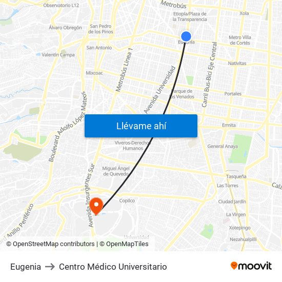 Eugenia to Centro Médico Universitario map