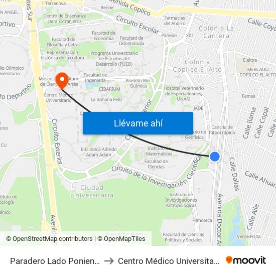 Paradero Lado Poniente to Centro Médico Universitario map