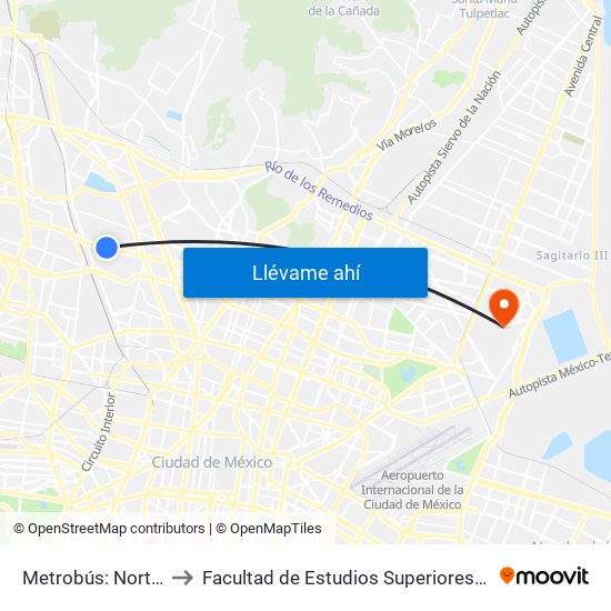 Metrobús: Norte 59 to Facultad de Estudios Superiores Aragón map