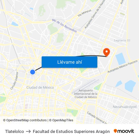 Tlatelolco to Facultad de Estudios Superiores Aragón map
