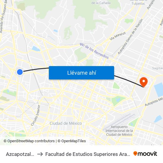 Azcapotzalco to Facultad de Estudios Superiores Aragón map