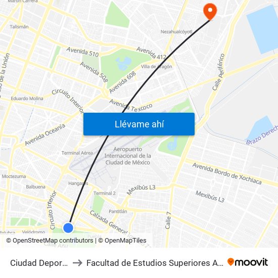 Ciudad Deportiva to Facultad de Estudios Superiores Aragón map