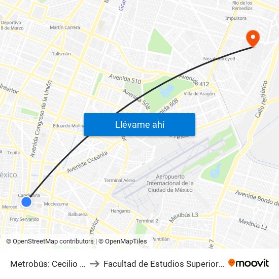 Metrobús: Cecilio Robelo to Facultad de Estudios Superiores Aragón map