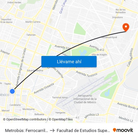 Metrobús: Ferrocarril de Cintura to Facultad de Estudios Superiores Aragón map