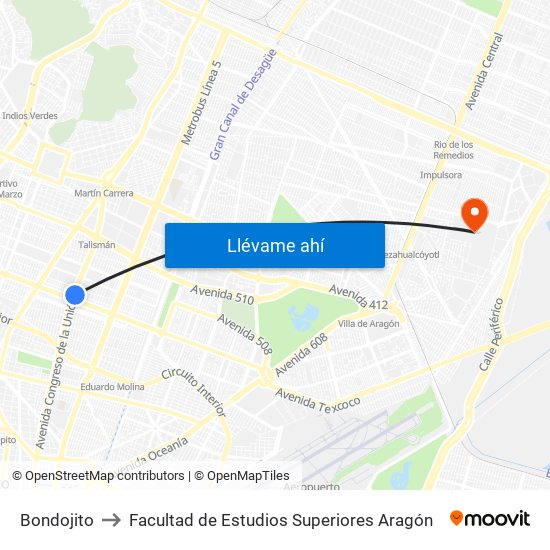 Bondojito to Facultad de Estudios Superiores Aragón map
