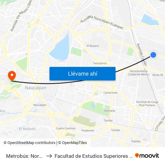 Metrobús: Norte 59 to Facultad de Estudios Superiores Acatlán map