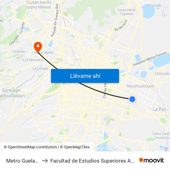 Metro Guelatao to Facultad de Estudios Superiores Acatlán map
