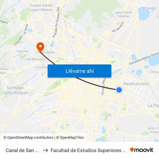 Canal de San Juan to Facultad de Estudios Superiores Acatlán map