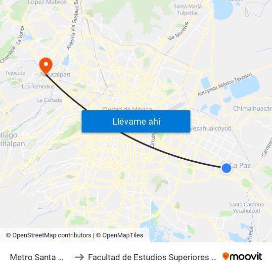 Metro Santa Marta to Facultad de Estudios Superiores Acatlán map