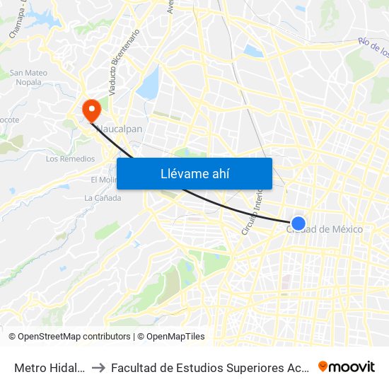 Metro Hidalgo to Facultad de Estudios Superiores Acatlán map