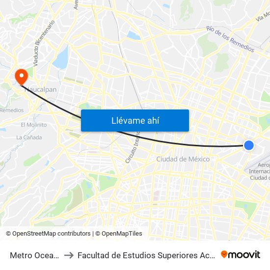 Metro Oceanía to Facultad de Estudios Superiores Acatlán map