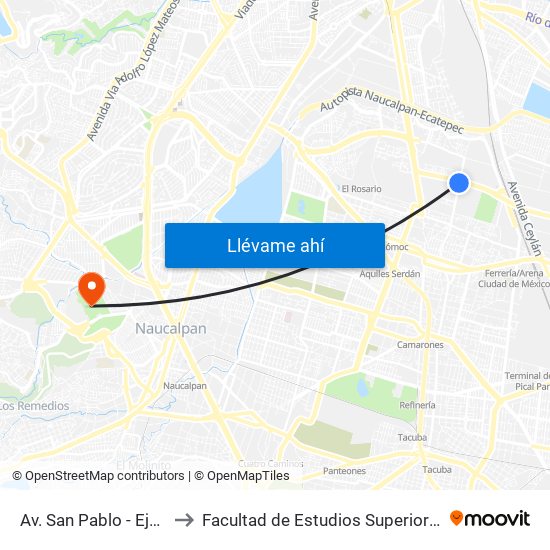 Av. San Pablo - Eje 5 Nte. to Facultad de Estudios Superiores Acatlán map