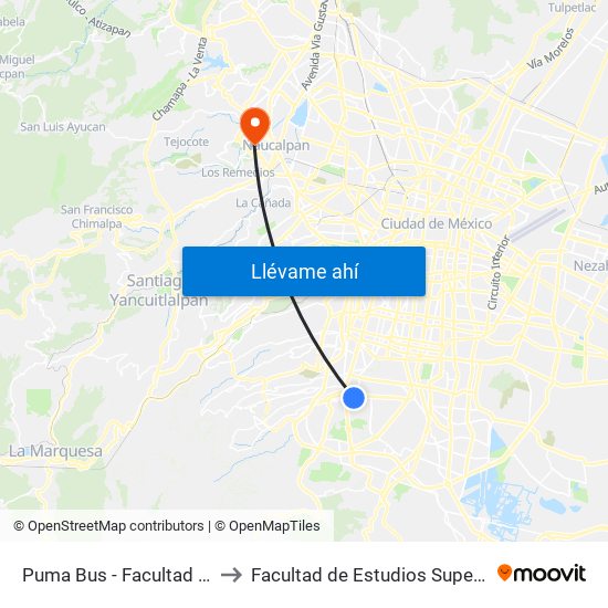 Puma Bus - Facultad de Derecho to Facultad de Estudios Superiores Acatlán map