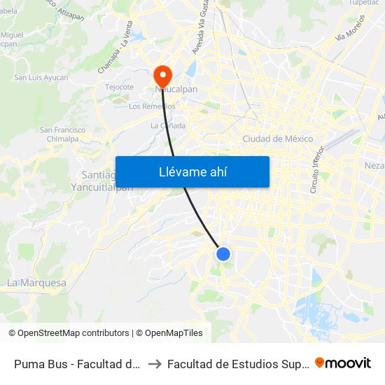 Puma Bus - Facultad de Arquitectura to Facultad de Estudios Superiores Acatlán map