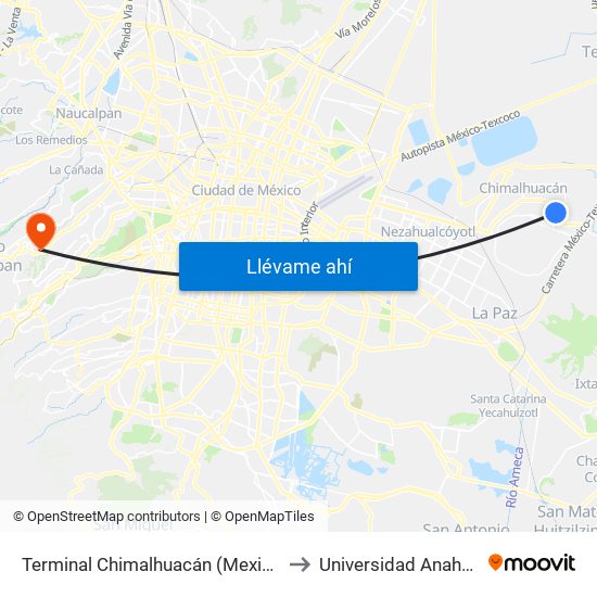 Terminal Chimalhuacán (Mexibus) to Universidad Anahuac map