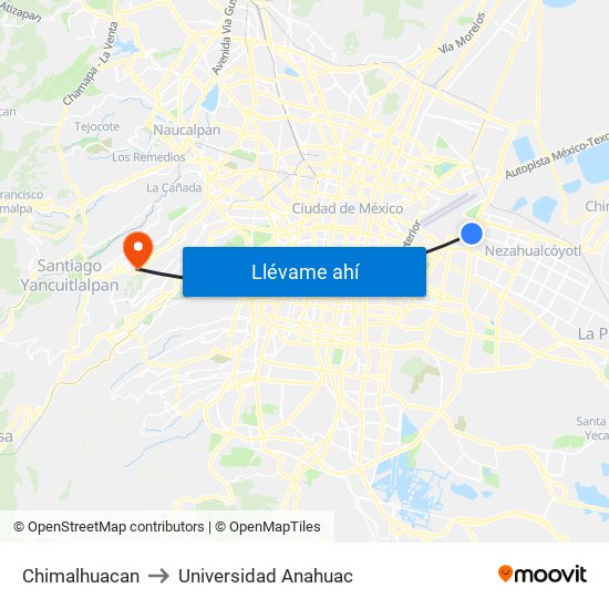 Chimalhuacan to Universidad Anahuac map