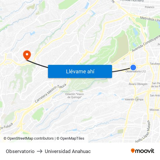 Observatorio to Universidad Anahuac map