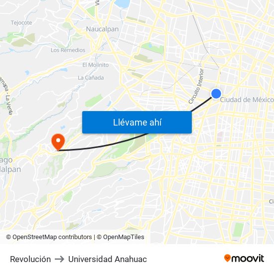 Revolución to Universidad Anahuac map