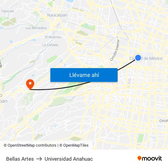 Bellas Artes to Universidad Anahuac map