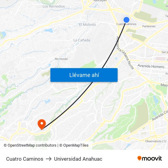 Cuatro Caminos to Universidad Anahuac map