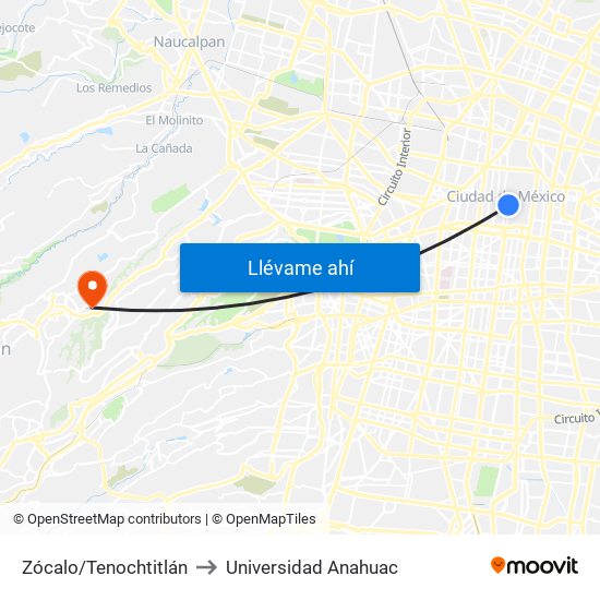 Zócalo/Tenochtitlán to Universidad Anahuac map
