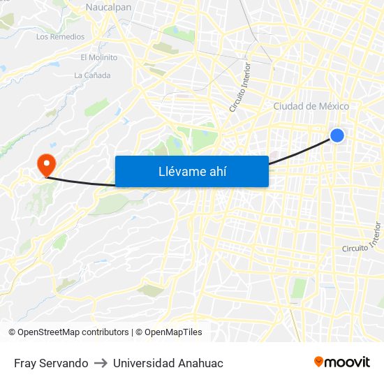 Fray Servando to Universidad Anahuac map