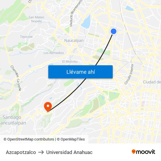 Azcapotzalco to Universidad Anahuac map