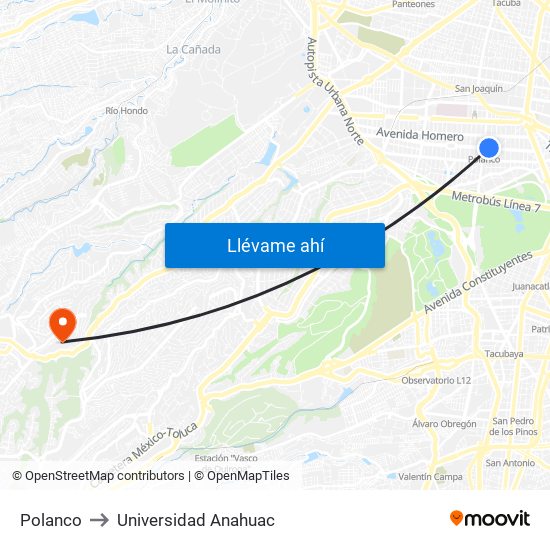 Polanco to Universidad Anahuac map