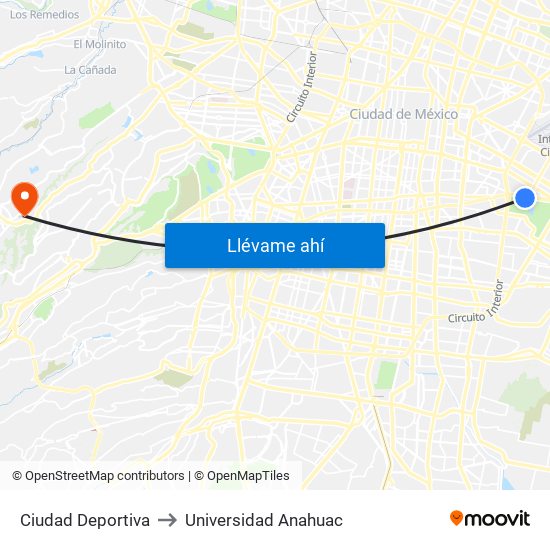 Ciudad Deportiva to Universidad Anahuac map
