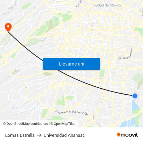 Lomas Estrella to Universidad Anahuac map