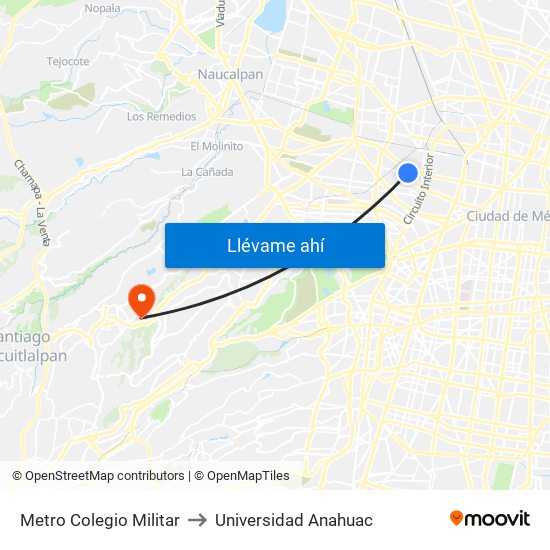 Metro Colegio Militar to Universidad Anahuac map