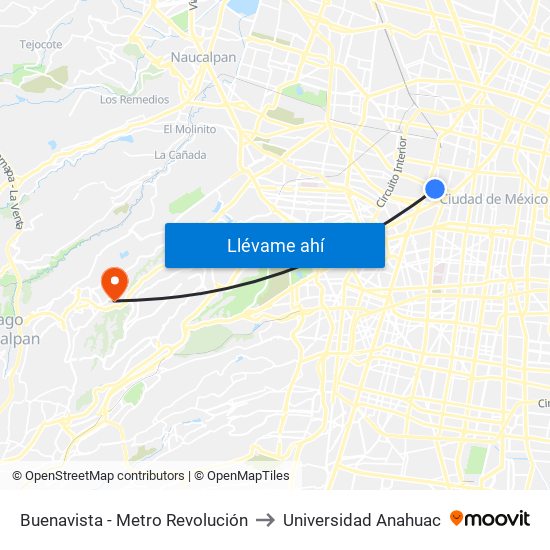 Buenavista - Metro Revolución to Universidad Anahuac map