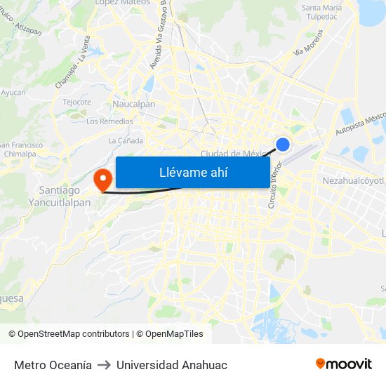 Metro Oceanía to Universidad Anahuac map