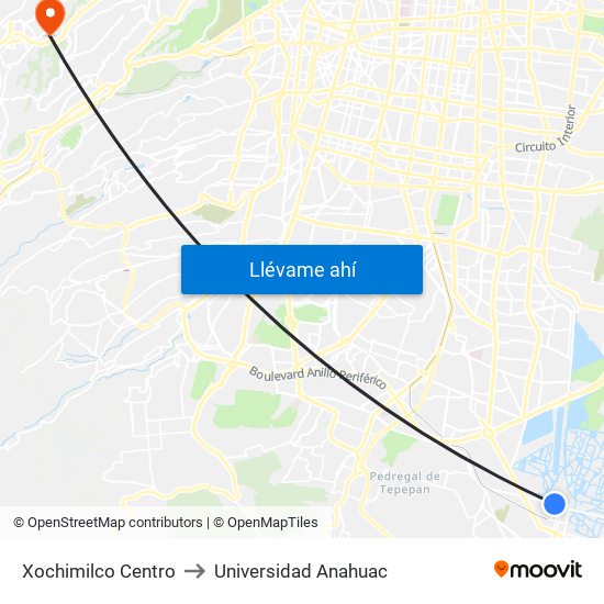 Xochimilco Centro to Universidad Anahuac map