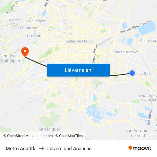 Metro Acatitla to Universidad Anahuac map