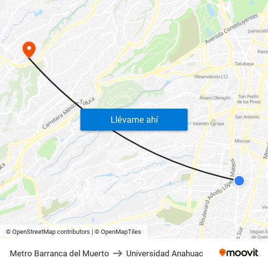 Metro Barranca del Muerto to Universidad Anahuac map