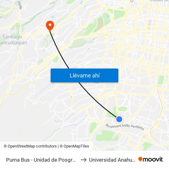 Puma Bus - Unidad de Posgrado to Universidad Anahuac map