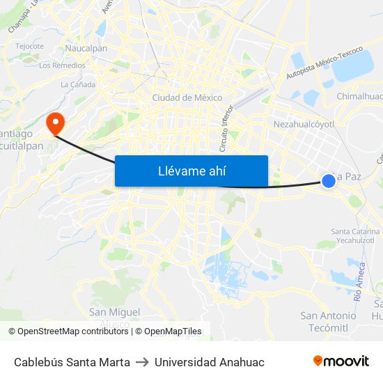 Cablebús Santa Marta to Universidad Anahuac map
