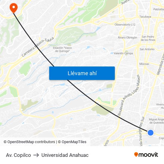 Av. Copilco to Universidad Anahuac map