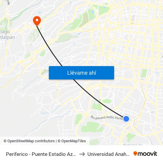 Periferico - Puente Estadio Azteca to Universidad Anahuac map