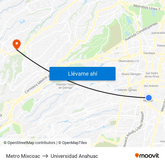 Metro Mixcoac to Universidad Anahuac map