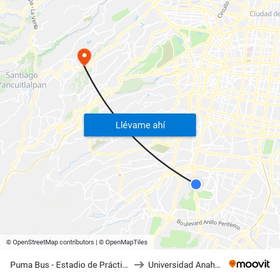 Puma Bus - Estadio de Prácticas to Universidad Anahuac map