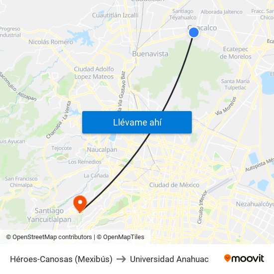 Héroes-Canosas (Mexibús) to Universidad Anahuac map