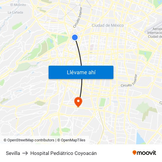 Sevilla to Hospital Pediátrico Coyoacán map