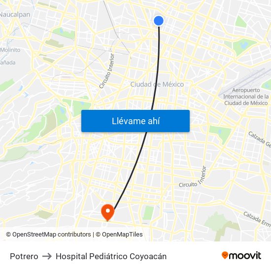Potrero to Hospital Pediátrico Coyoacán map