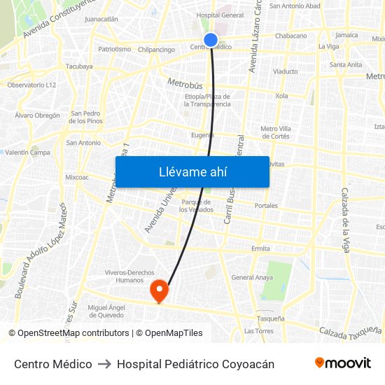 Centro Médico to Hospital Pediátrico Coyoacán map