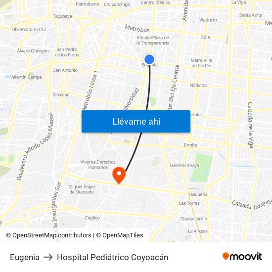 Eugenia to Hospital Pediátrico Coyoacán map